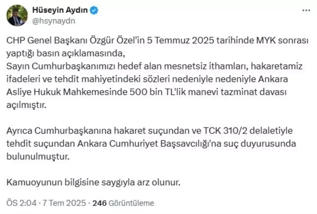 Cumhurbaşkanı Erdoğan’dan Özgür Özel’e Tazminat Davası