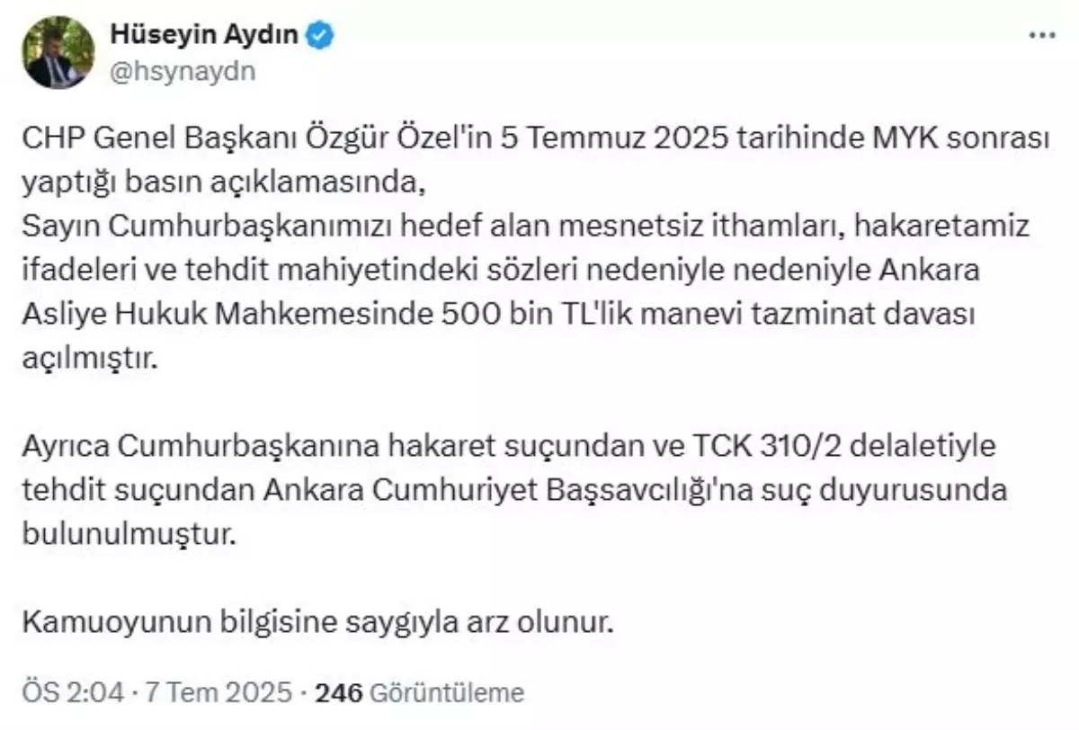 Cumhurbaşkanı Erdoğan’dan Özgür Özel’e Tazminat Davası