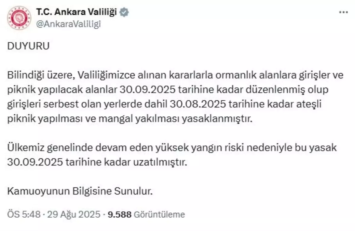 Ankara’da Ateşli Piknik Yasağı Uzatıldı