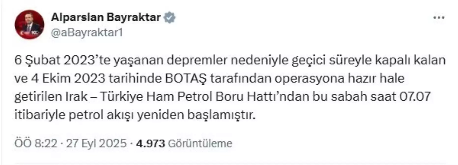 Irak-Türkiye Ham Petrol Boru Hattı Tekrar Hizmette
