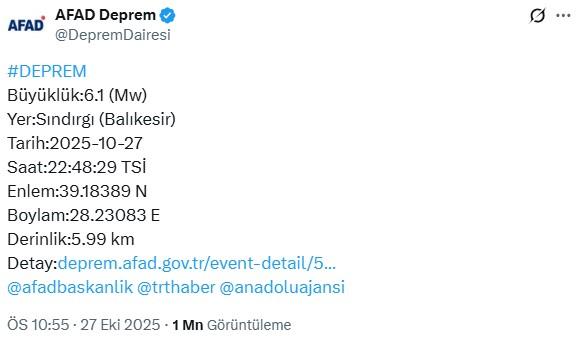 Balıkesir Sındırgı 6.1 Büyüklüğünde Depremle Sallandı