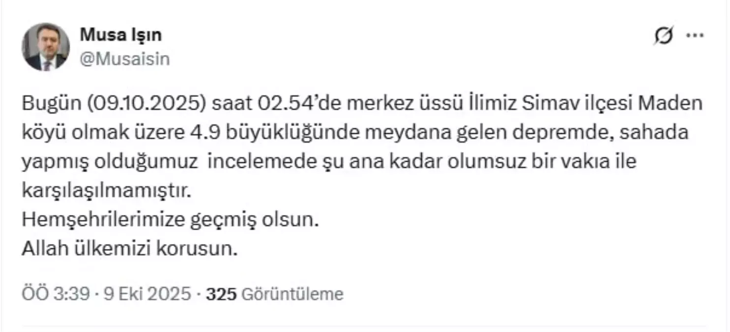 Kütahya’da 4.9 Büyüklüğünde Deprem: Herhangi Bir Olumsuzluk Yok