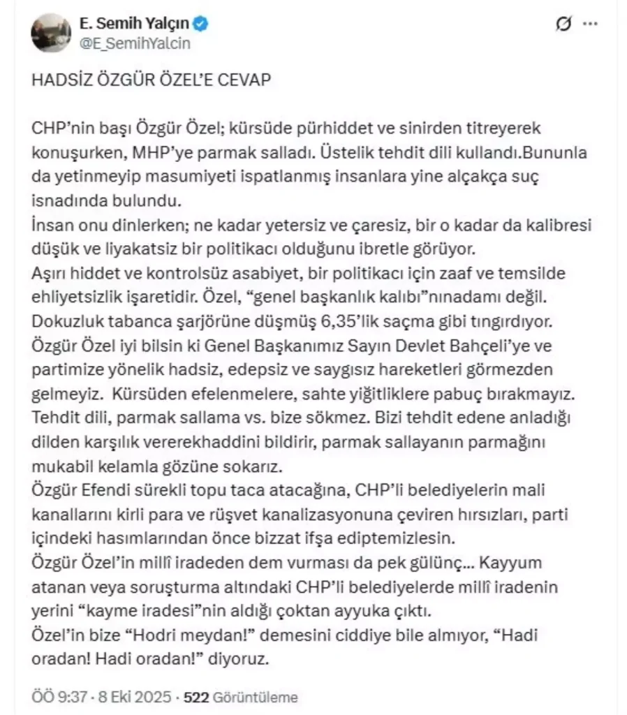 MHP’li Semih Yalçın’dan Özgür Özel’e Sert Yanıt