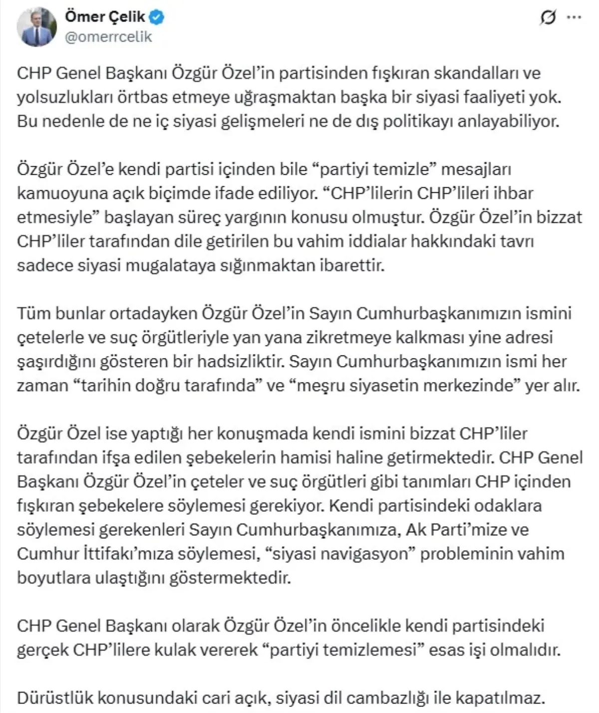 Ömer Çelik’ten Özgür Özel’e Sert Tepki