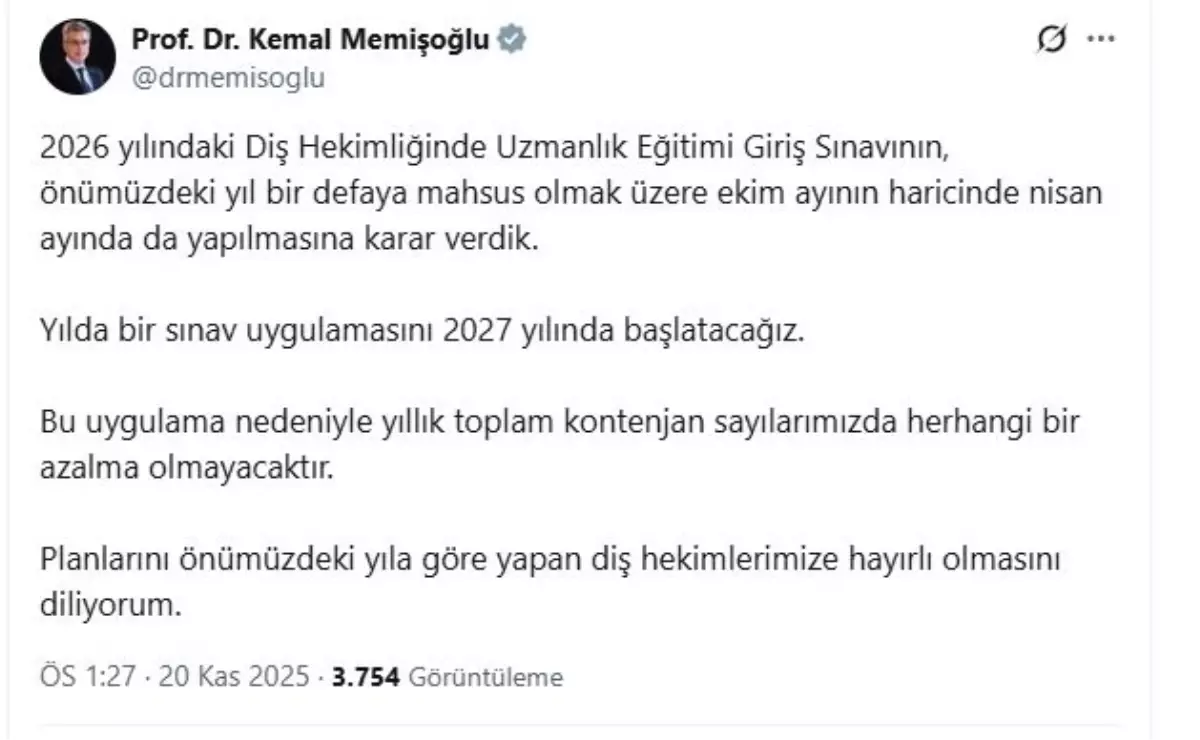 Diş Hekimliği Uzmanlık Sınavına Nisan Ayı Eklemesi