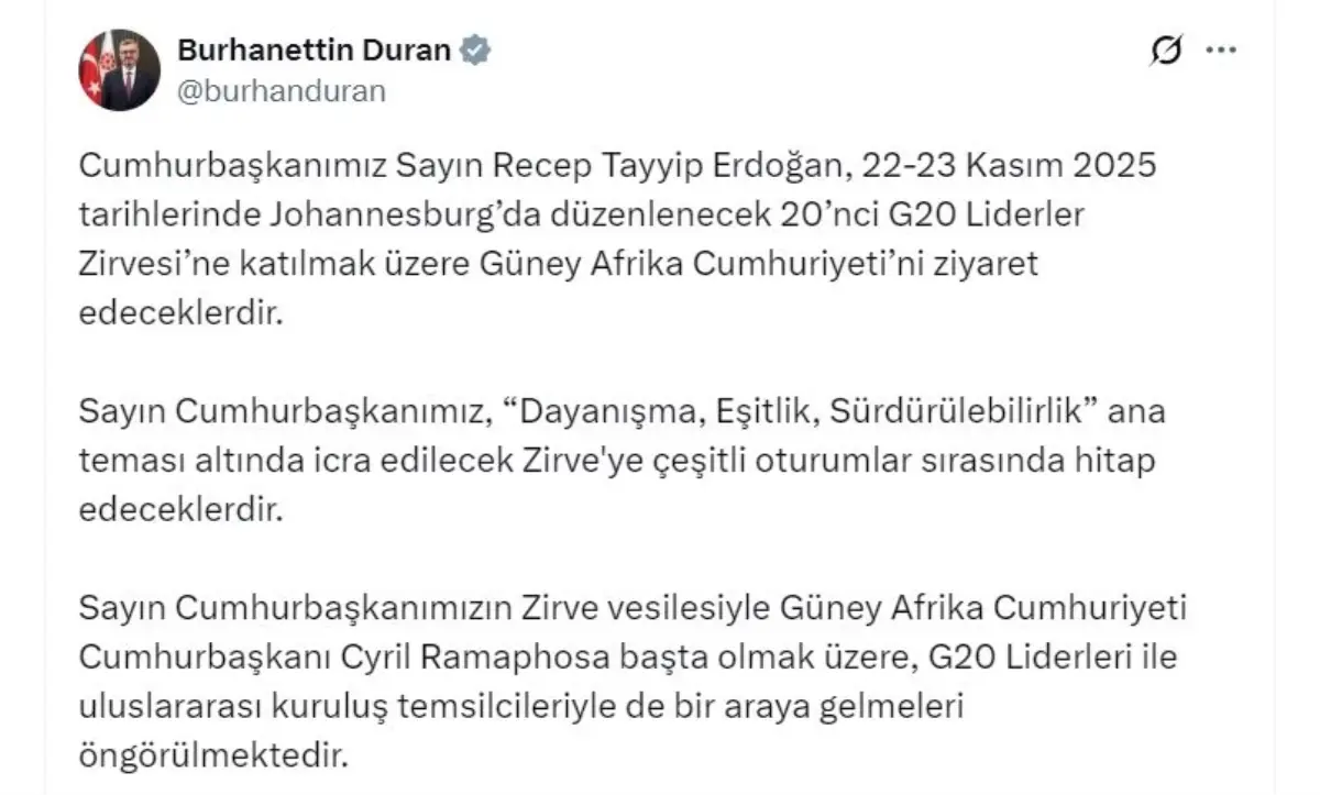 Cumhurbaşkanı Erdoğan, Güney Afrika’ya G20 Zirvesi için gidiyor