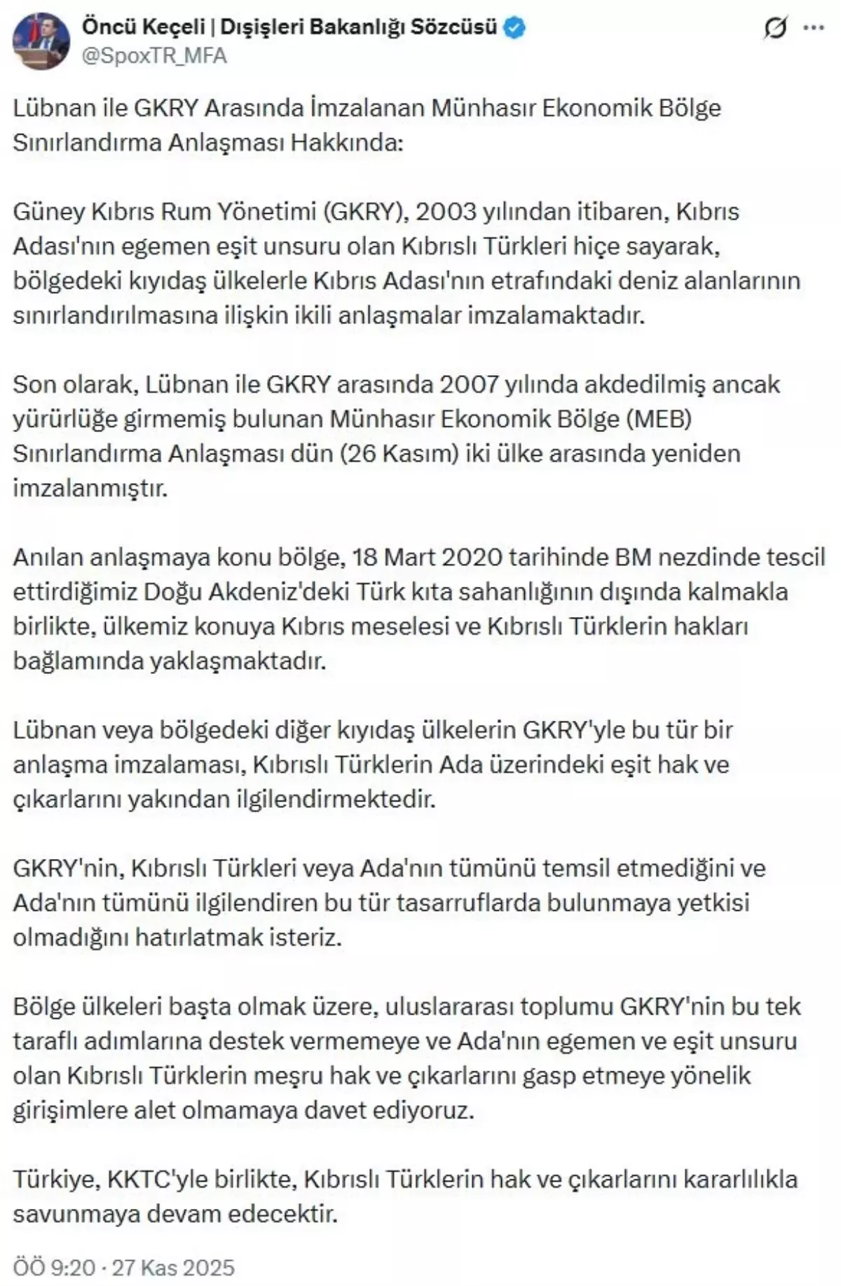 Türkiye’den GKRY’ye Kesin Uyarı: Kıbrıslı Türklerin Hakları Gözardı Edilemez