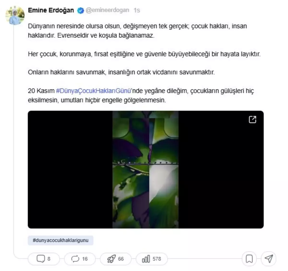 Emine Erdoğan’dan 20 Kasım Dünya Çocuk Hakları Günü’ne Duygu Dolu Paylaşım