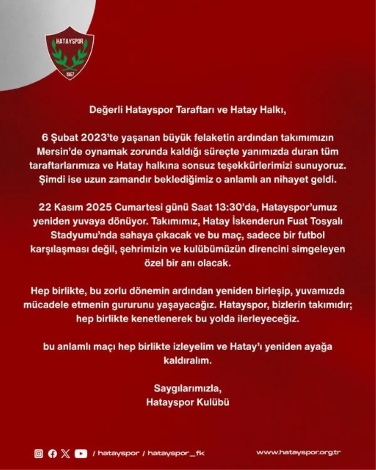 Hatayspor Yuvaya Dönüyor