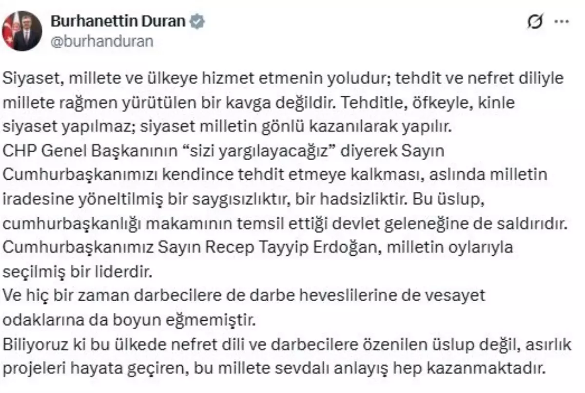 İletişim Başkanı Duran’dan Özgür Özel’e Sert Tepki: Siyaset Tehdit ve Nefret Diliyle Sürdürülemez