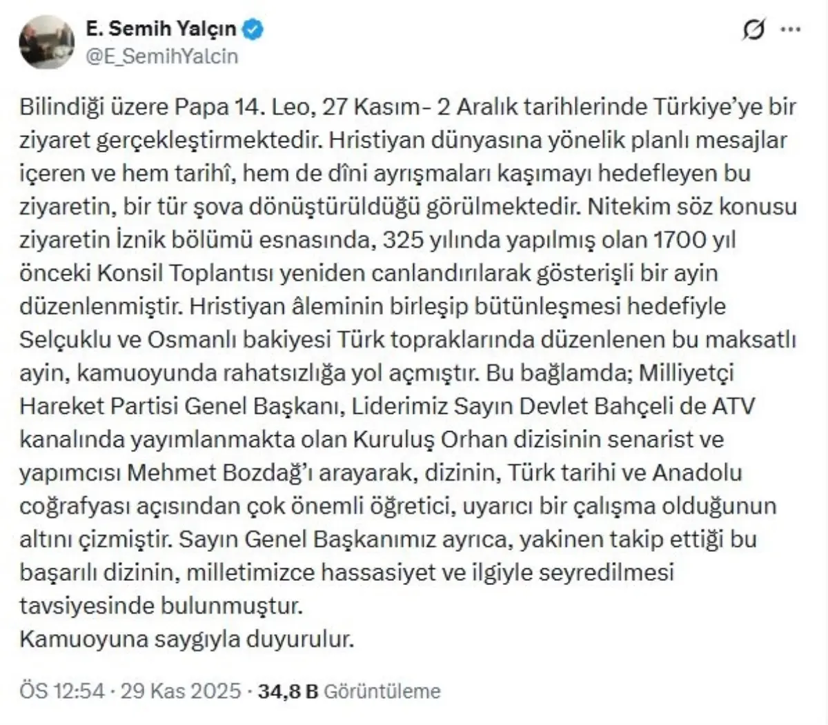 MHP’den Papa’nın İznik Ziyaretine Sert Tepki