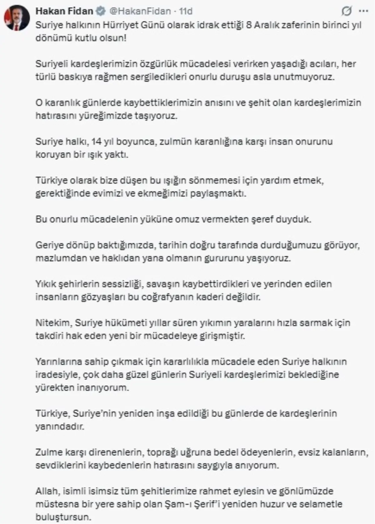 Bakan Fidan’dan Suriye’nin 8 Aralık Zaferinin 1. Yıl Dönümünde Özel Açıklama