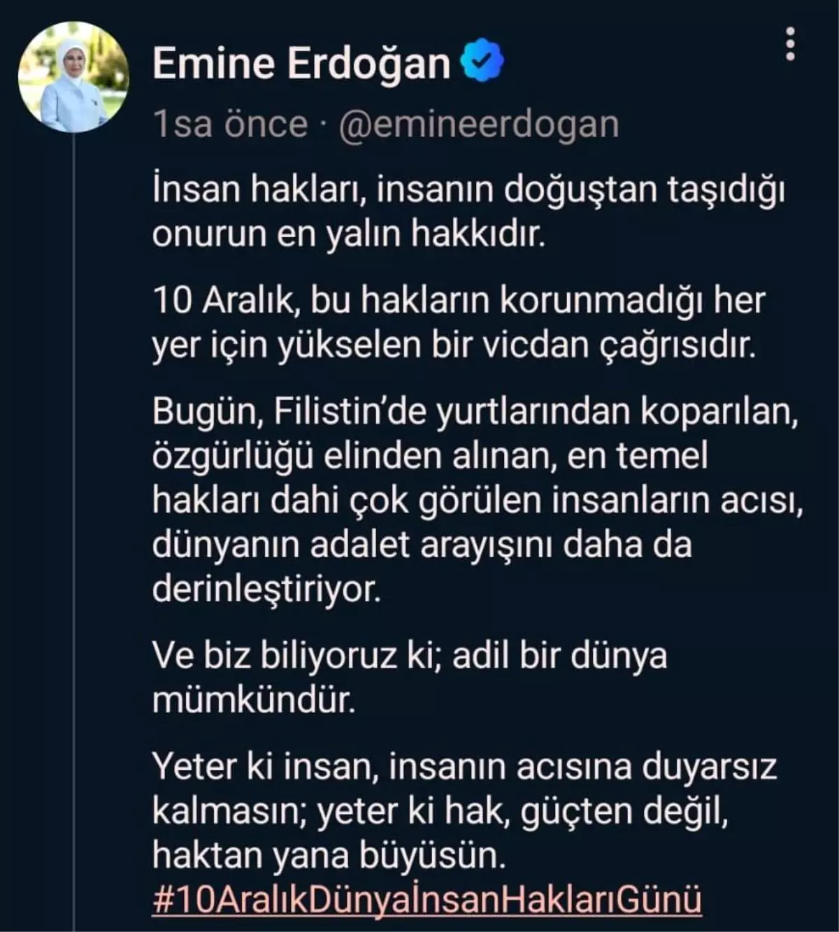 Emine Erdoğan: “Bugün Filistin’de yurtlarından koparılan, özgürlüğü elinden alınan, en temel hakları dahi çok görülen insanların acısı, dünyanın adalet arayışını daha da derinleştiriyor”