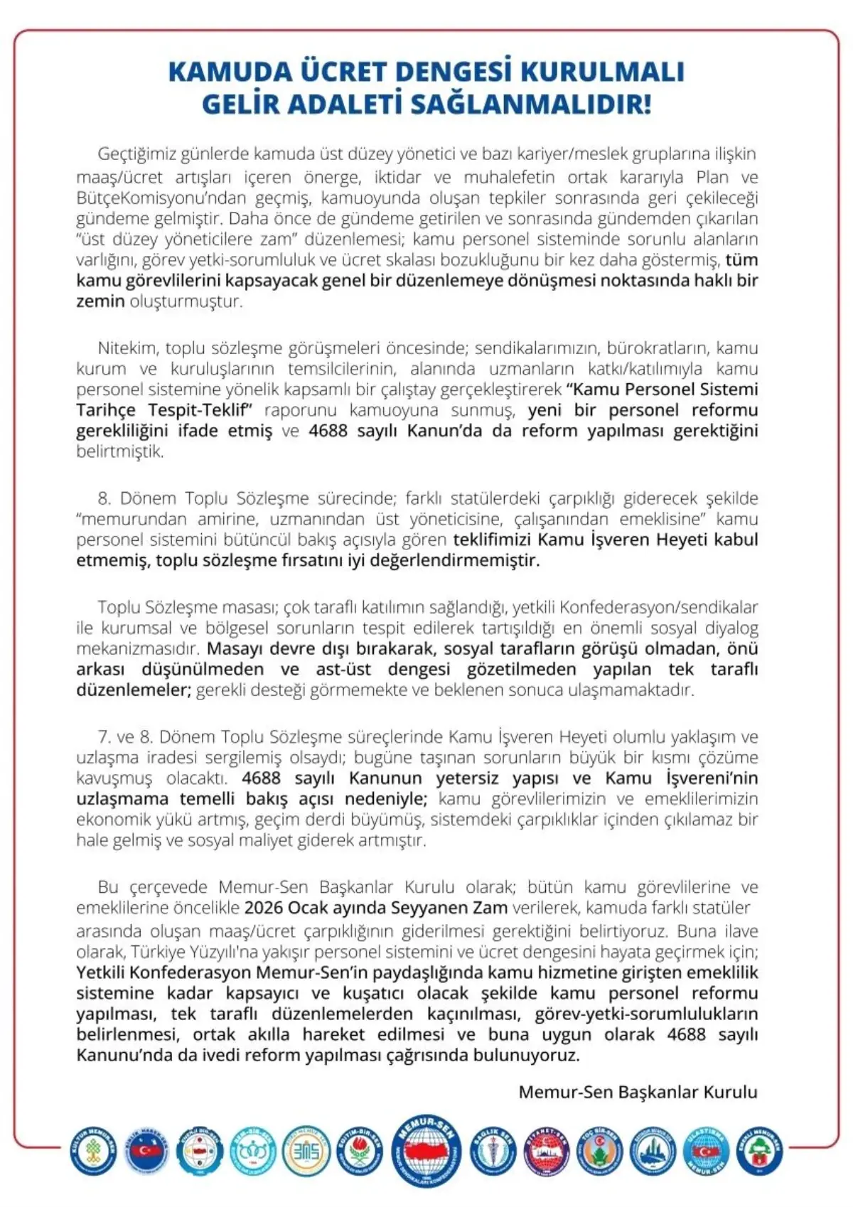 Kamu Personel Reformu Çağrısı: Memur‑Sen 4688 Sayılı Kanun’da Acil Değişiklik Talep Ediyor