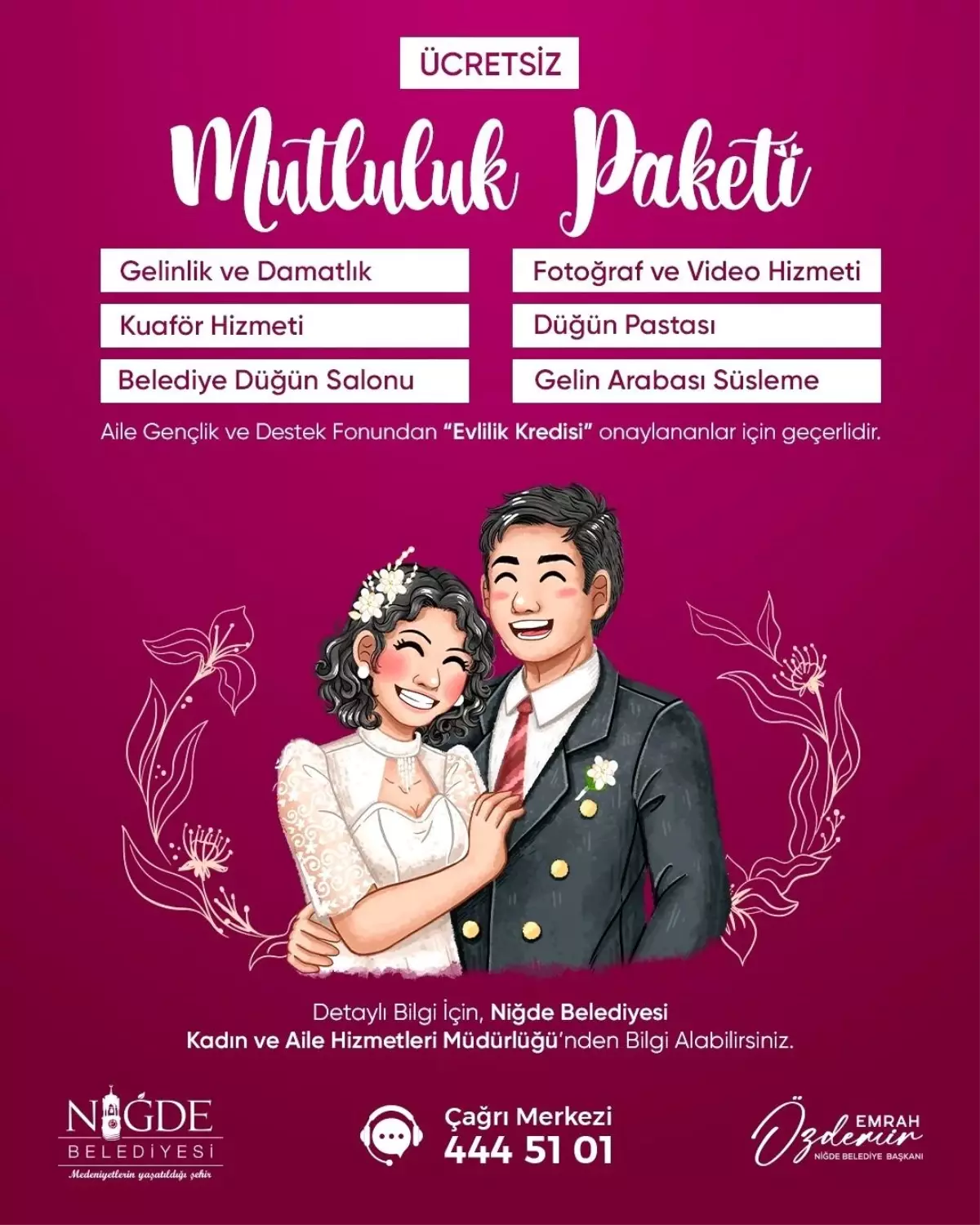 Niğde Belediyesi’nden Genç Çiftlere “Mutluluk Paketi” Desteğiyle Düğün Hayalleri Gerçek Oluyor